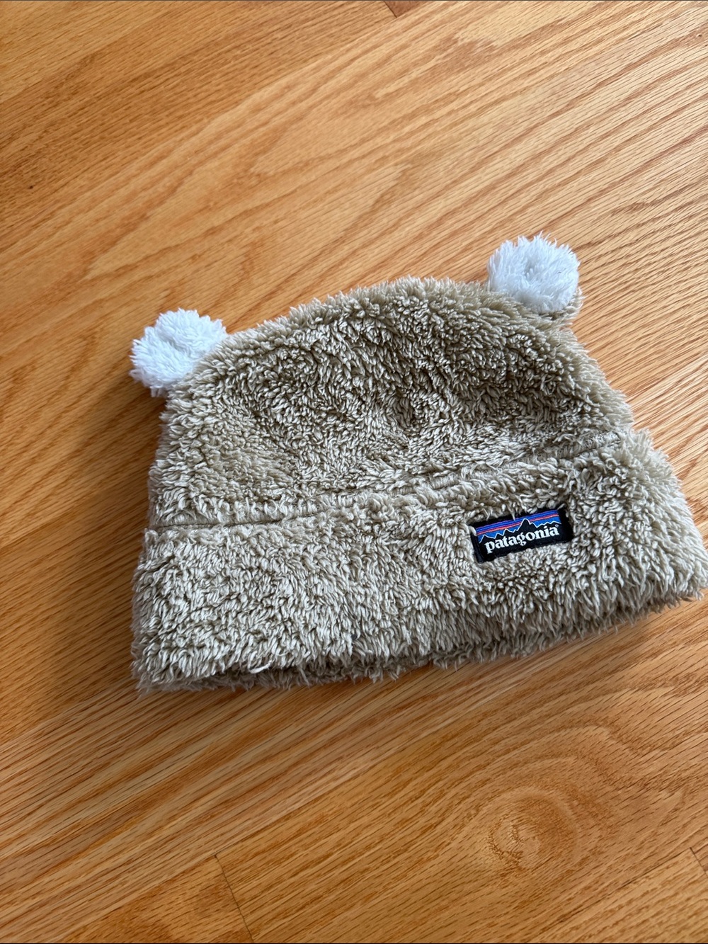 Patagonia Kids Tan Fuzzy Bear Pom Beanie with White Ears